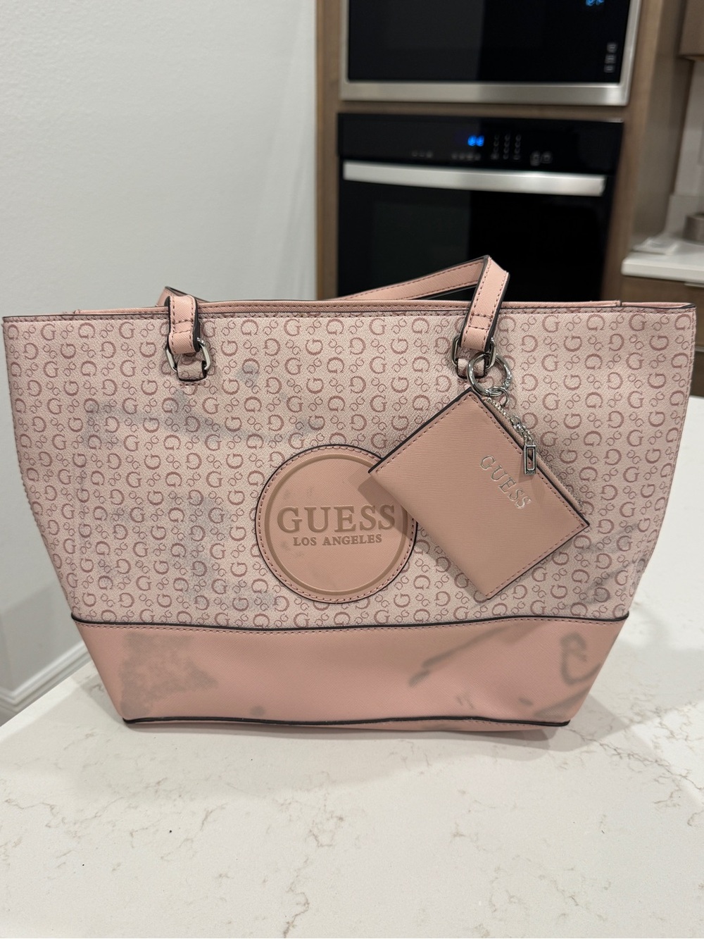 GUESS Blush Pink Logo Tote with Cardholder Charm